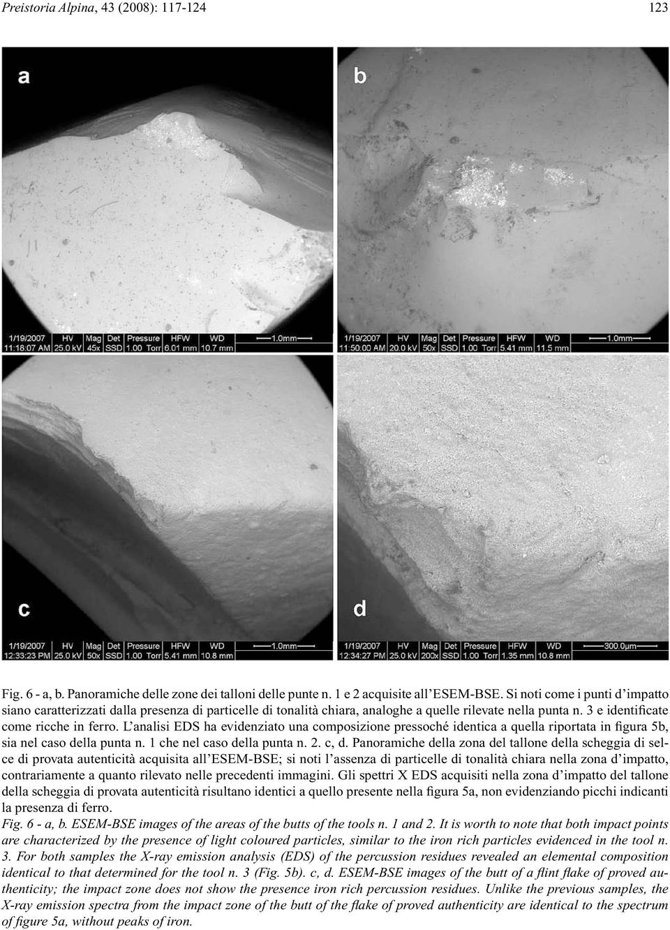 L analisi EDS ha evidenziato una composizione pressoché identica a quella riportata in figura 5b, sia nel caso della punta n. 1 che nel caso della punta n. 2. c, d.