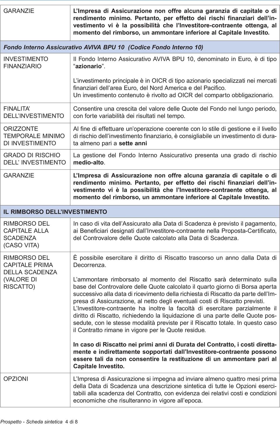 Fondo Interno Assicurativo AVIVA BPU 10 (Codice Fondo Interno 10) INVESTIMENTO FINANZIARIO Il Fondo Interno Assicurativo AVIVA BPU 10, denominato in Euro, è di tipo azionario.