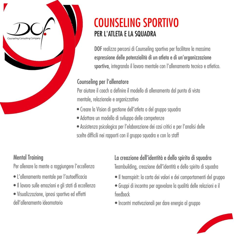 Counseling per l allenatore Per aiutare il coach a definire il modello di allenamento dal punto di vista mentale, relazionale e organizzativo Creare la Vision di gestione dell atleta o del gruppo