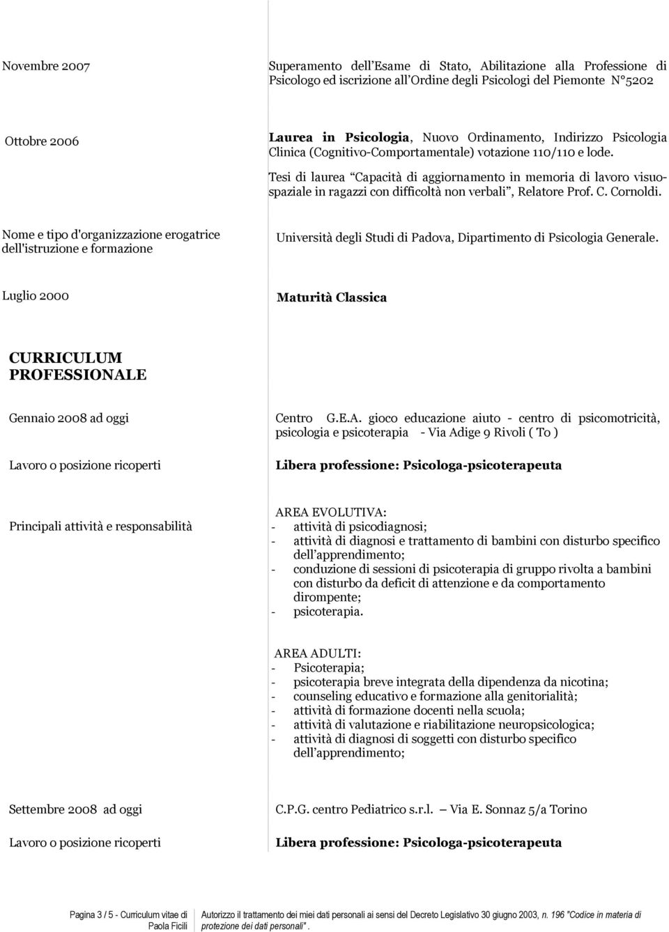 Tesi di laurea Capacità di aggiornamento in memoria di lavoro visuospaziale in ragazzi con difficoltà non verbali, Relatore Prof. C. Cornoldi.