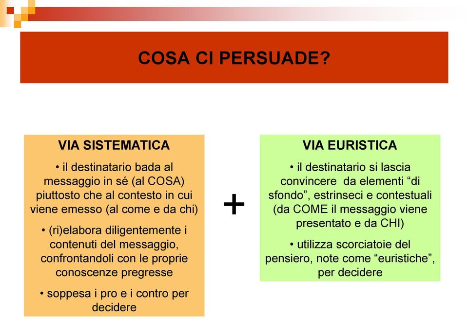 chi) (ri)elabora diligentemente i contenuti del messaggio, confrontandoli con le proprie conoscenze pregresse soppesa i pro e i