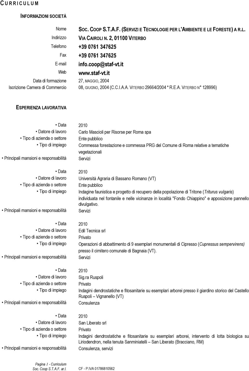 E.A. VITERBO N 128996) ESPERIENZA LAVORATIVA Datore di lavoro Carlo Mascioli per Risorse per Roma spa Tipo di azienda o settore Ente pubblico Tipo di impiego Commessa forestazione e commessa PRG del