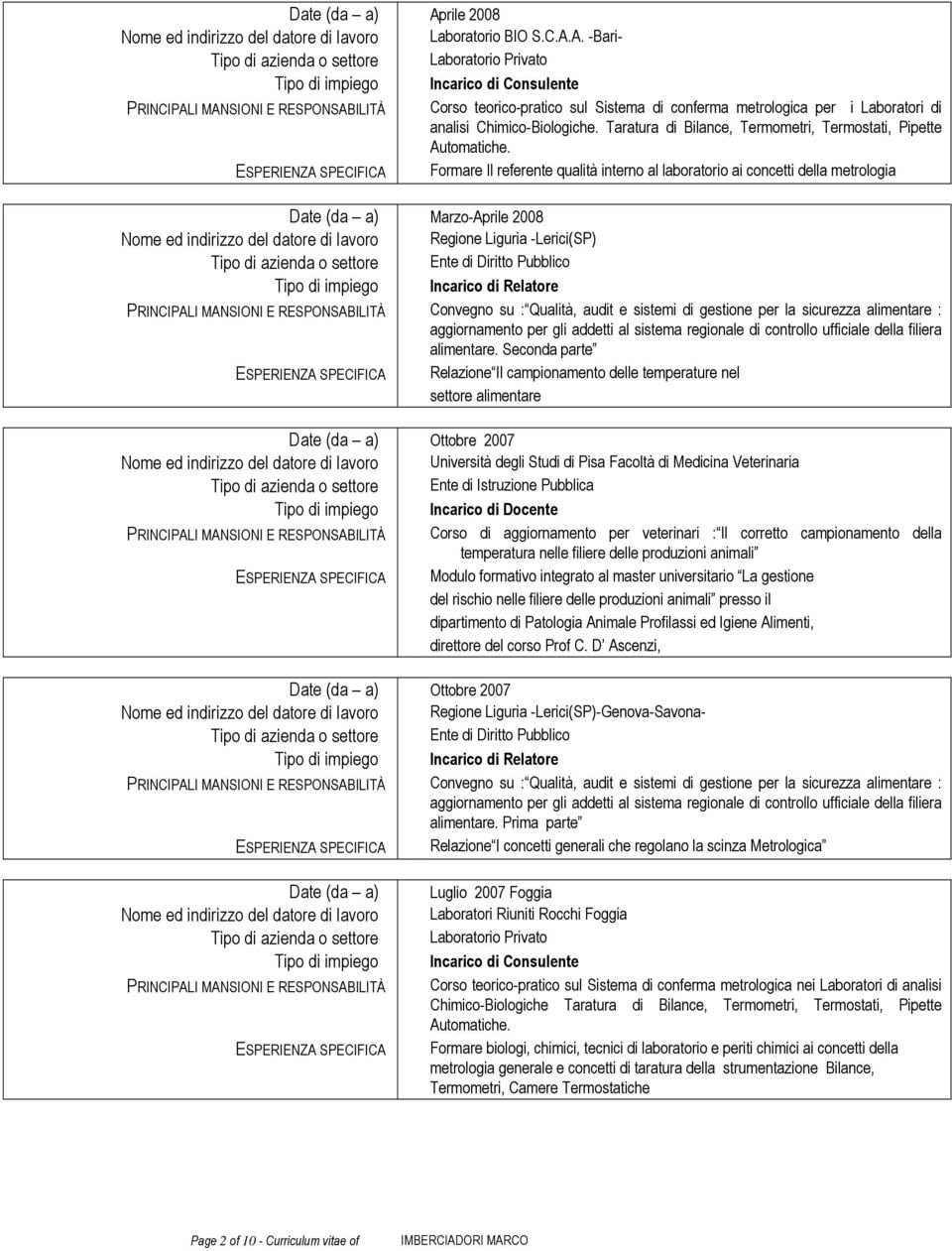 A. -Bari- Tipo di azienda o settore Laboratorio Privato Tipo di impiego Incarico di Consulente Corso teorico-pratico sul Sistema di conferma metrologica per i Laboratori di analisi Chimico-Biologiche.