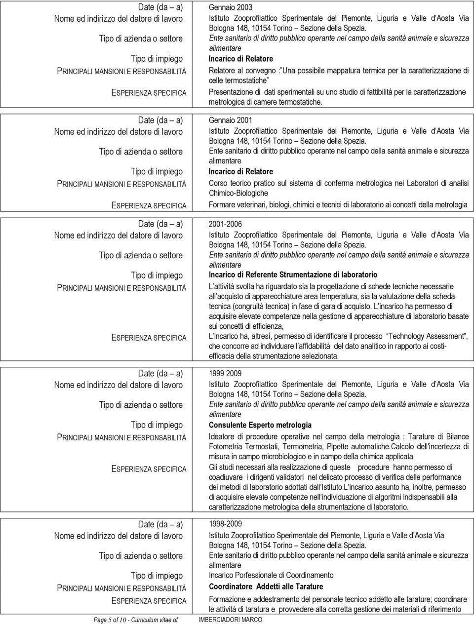 Date (da a) Gennaio 2001 Corso teorico pratico sul sistema di conferma metrologica nei Laboratori di analisi Chimico-Biologiche Formare veterinari, biologi, chimici e tecnici di laboratorio ai