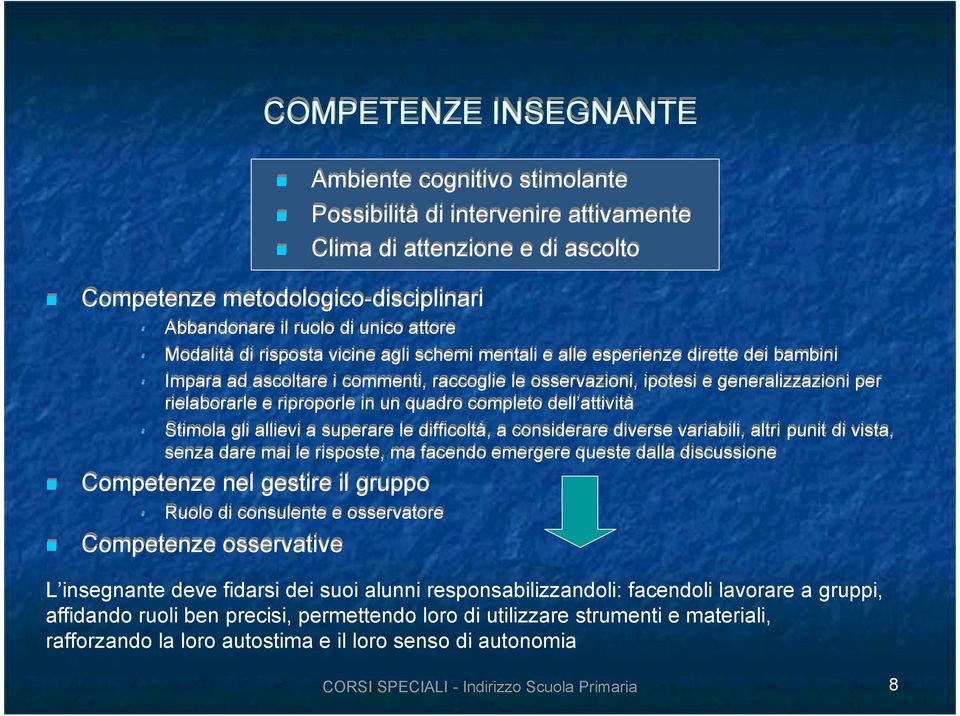 rielaborarle e riproporle in un quadro completo dell attività Stimola gli allievi a superare le difficoltà, a considerare diverse variabili, altri punit di vista, senza dare mai le risposte, ma