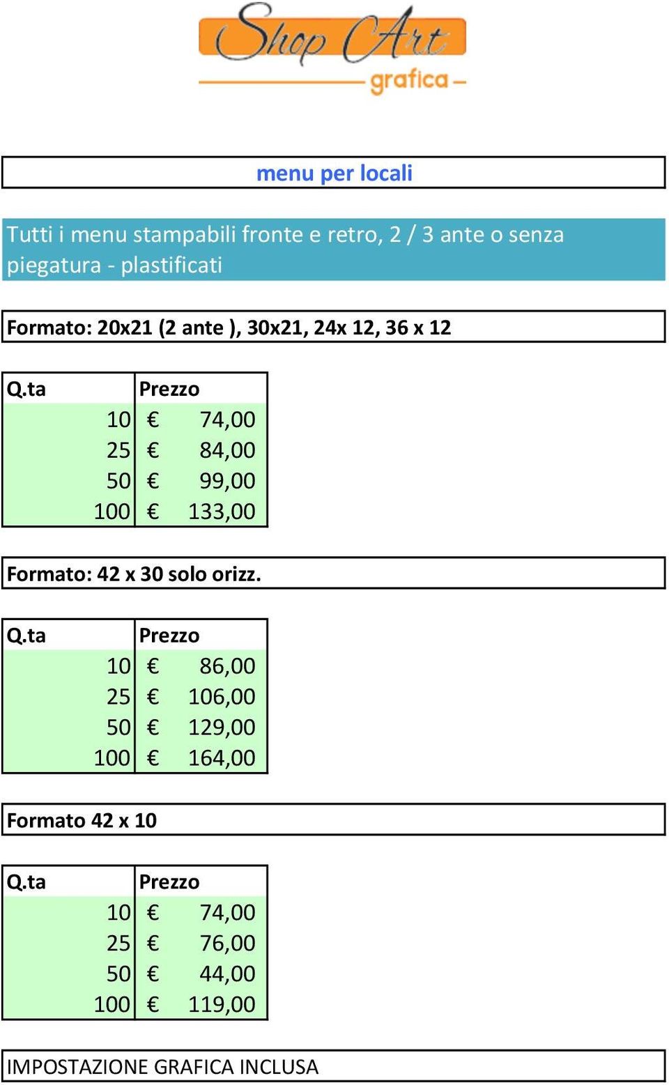 74,00 25 84,00 50 99,00 100 133,00 Formato: 42 x 30 solo orizz.