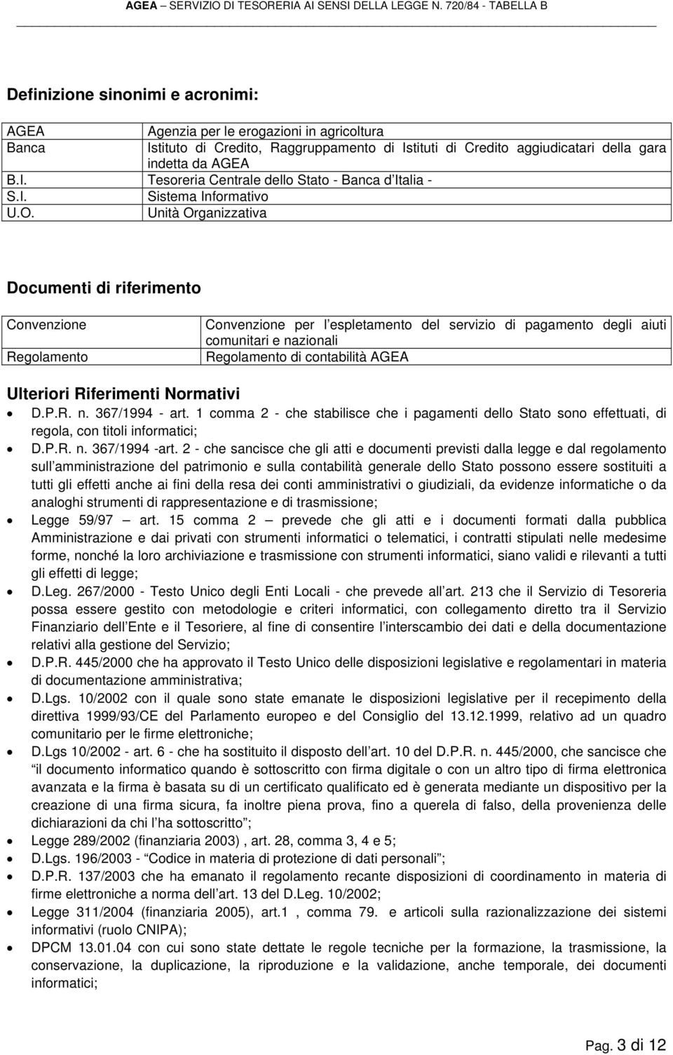 Unità Organizzativa Documenti di riferimento Convenzione Regolamento Convenzione per l espletamento del servizio di pagamento degli aiuti comunitari e nazionali Regolamento di contabilità AGEA