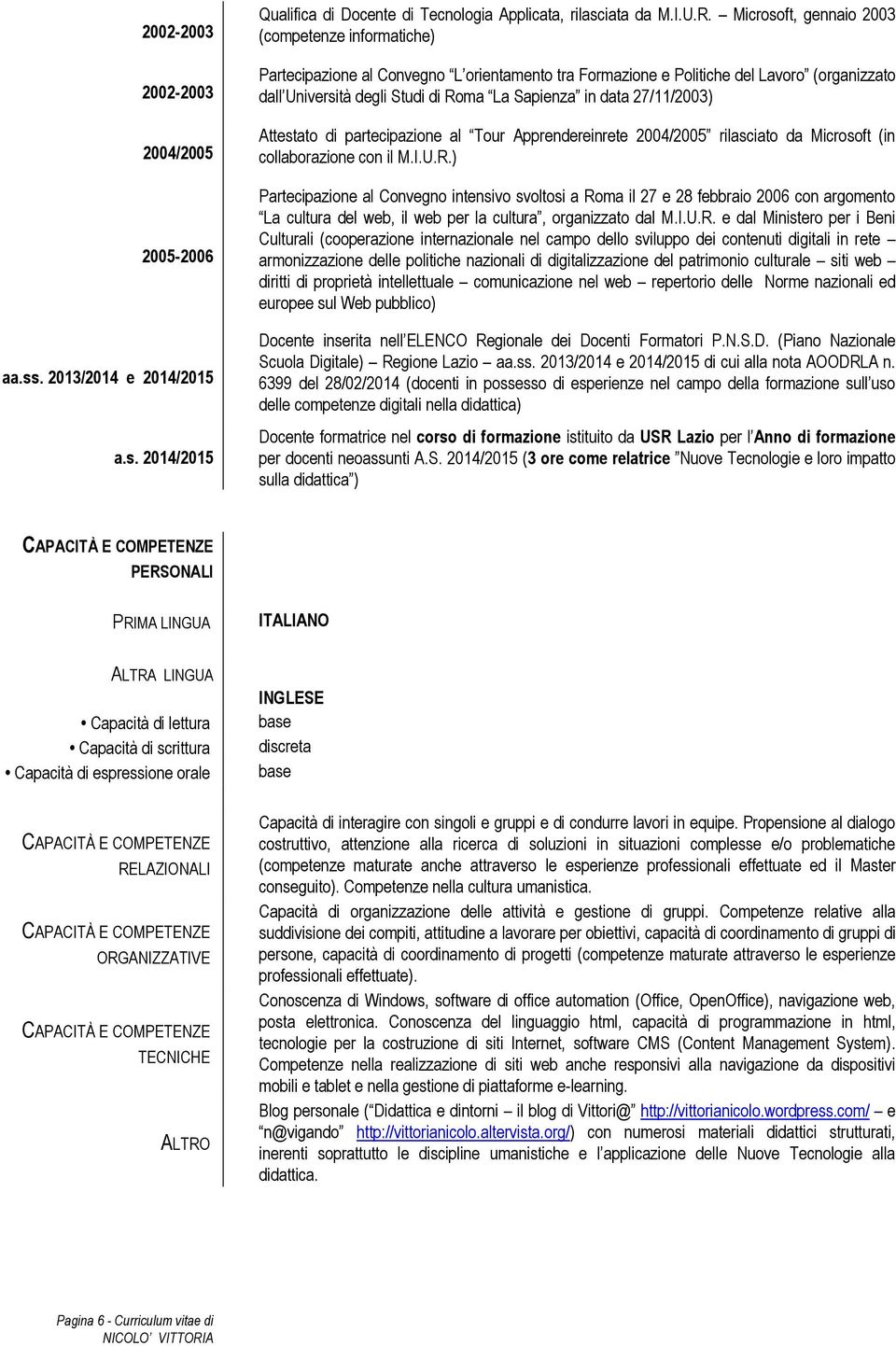 27/11/2003) Attestato di partecipazione al Tour Apprendereinrete 2004/2005 rilasciato da Microsoft (in collaborazione con il M.I.U.R.