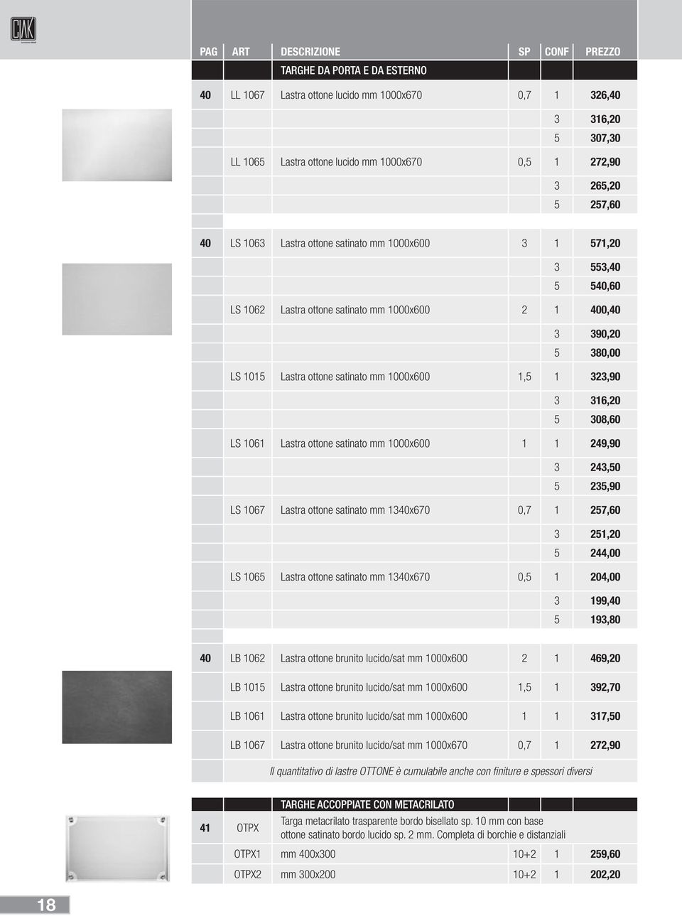 308,60 LS 1061 Lastra ottone satinato mm 1000x600 1 1 249,90 3 243,50 5 235,90 LS 1067 Lastra ottone satinato mm 1340x670 0,7 1 257,60 3 251,20 5 244,00 LS 1065 Lastra ottone satinato mm 1340x670 0,5