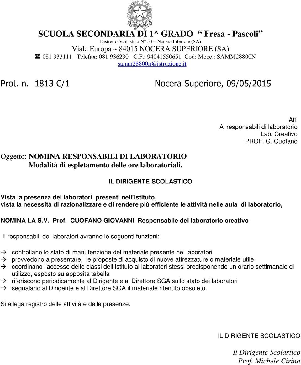 Atti Ai responsabili di laboratorio Lab. Creativo PROF. G.