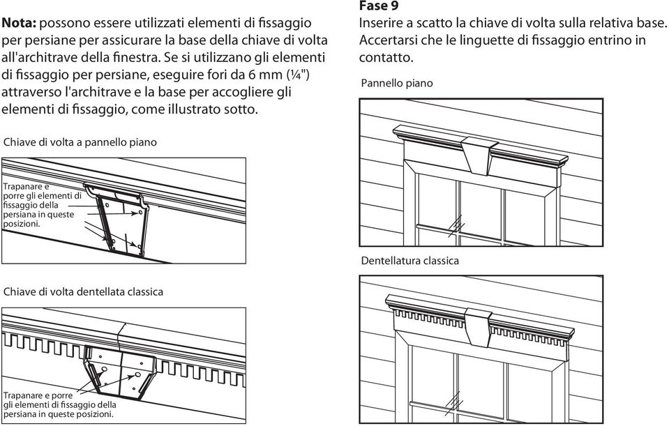 Fase 9 Inserire a scatto la chiave di volta sulla relativa base. Accertarsi che le linguette di fissaggio entrino in contatto.