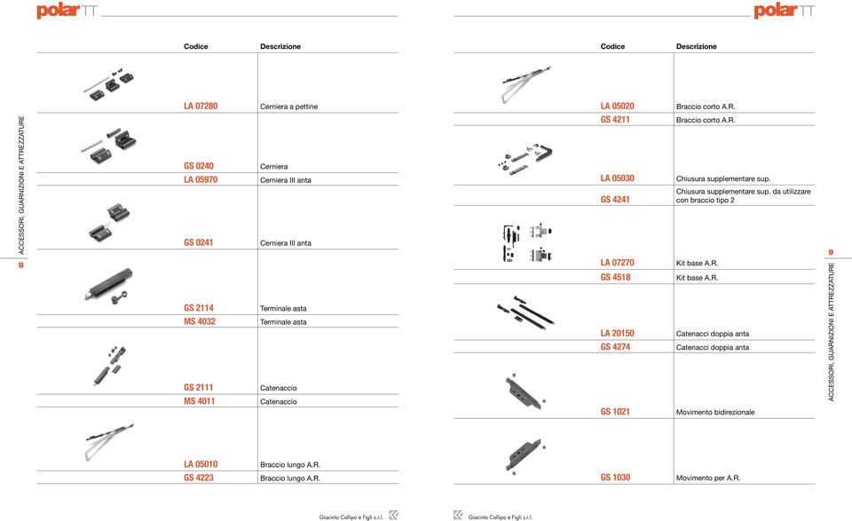 asta Catenaccio Catenaccio GS 4211 LA 05030 GS 4241 LA 07270 GS 4518 LA 20150 GS 4274 GS 1021 Braccio corto A.R. Chiusura supplementare sup.