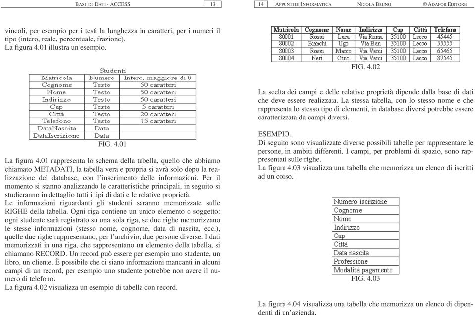 La stessa tabella, con lo stesso nome e che rappresenta lo stesso tipo di elementi, in database diversi potrebbe essere caratterizzata da campi diversi. FIG. 4.01 La figura 4.