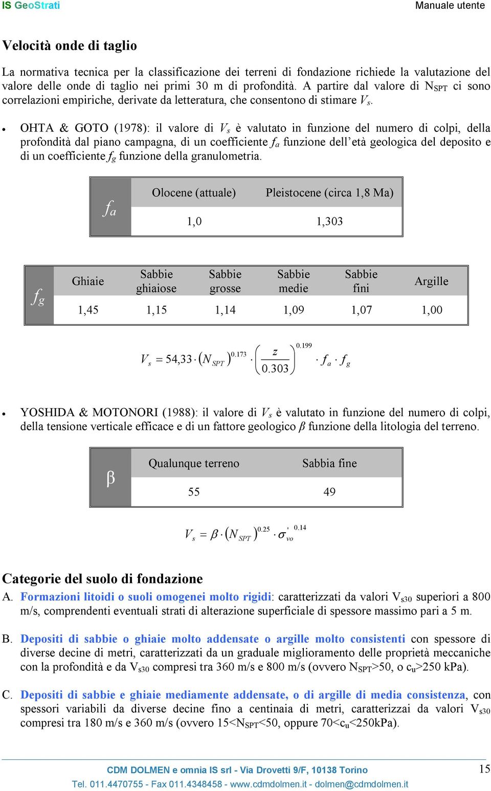 OHTA & GOTO (1978): il valore di V s è valutato in funzione del numero di colpi, della profondità dal piano campagna, di un coefficiente f a funzione dell età geologica del deposito e di un