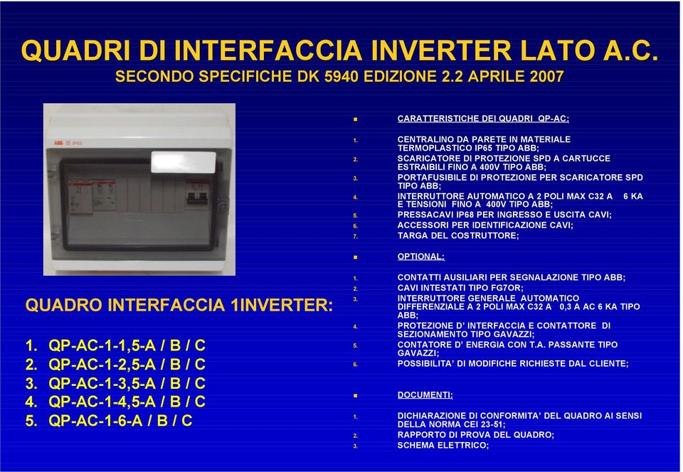 INTERRUTTORE AUTOMATICO A 2 POLI MAX C32 A E TENSIONI FINO A 400V TIPO ABB; 6 KA QUADRO INTERFACCIA 1INVERTER: 1. QP-AC-1-1,5-A / B / C 2. QP-AC-1-2,5-A / B / C 3. QP-AC-1-3,5-A / B / C 4.