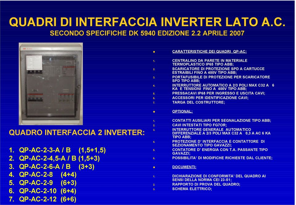 INTERRUTTORE AUTOMATICO A 2/3 POLI MAX C32 A 6 KA E TENSIONI FINO A 400V TIPO ABB; QUADRO INTERFACCIA 2 INVERTER: 1. QP-AC-2-3-A / B (1,5+1,5) 2. QP-AC-2-4,5-A / B (1,5+3) 3. QP-AC-2-6-A / B (3+3) 4.