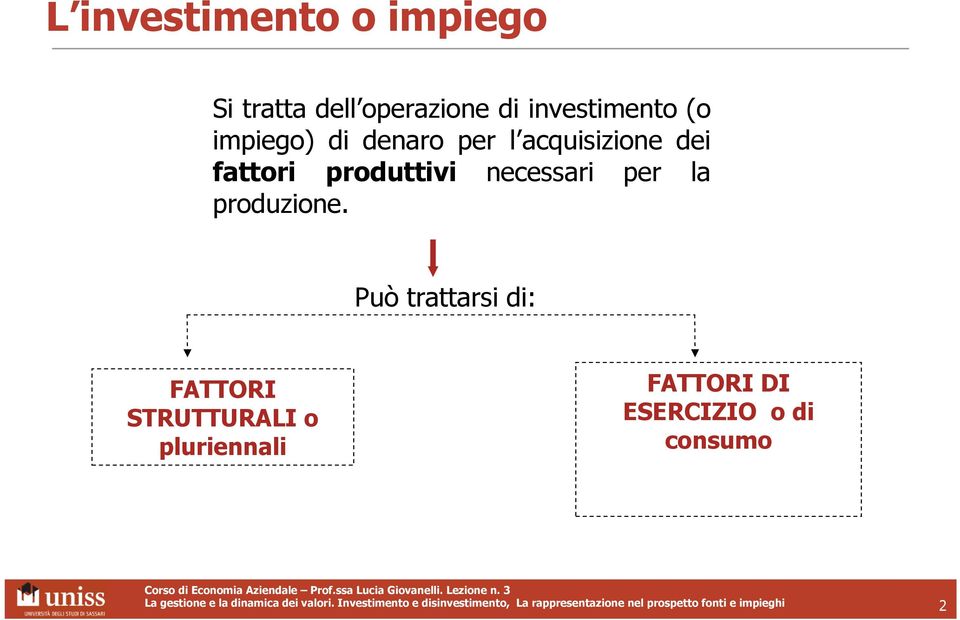 Può trattarsi di: FATTORI STRUTTURALI o pluriennali FATTORI DI ESERCIZIO o di consumo La