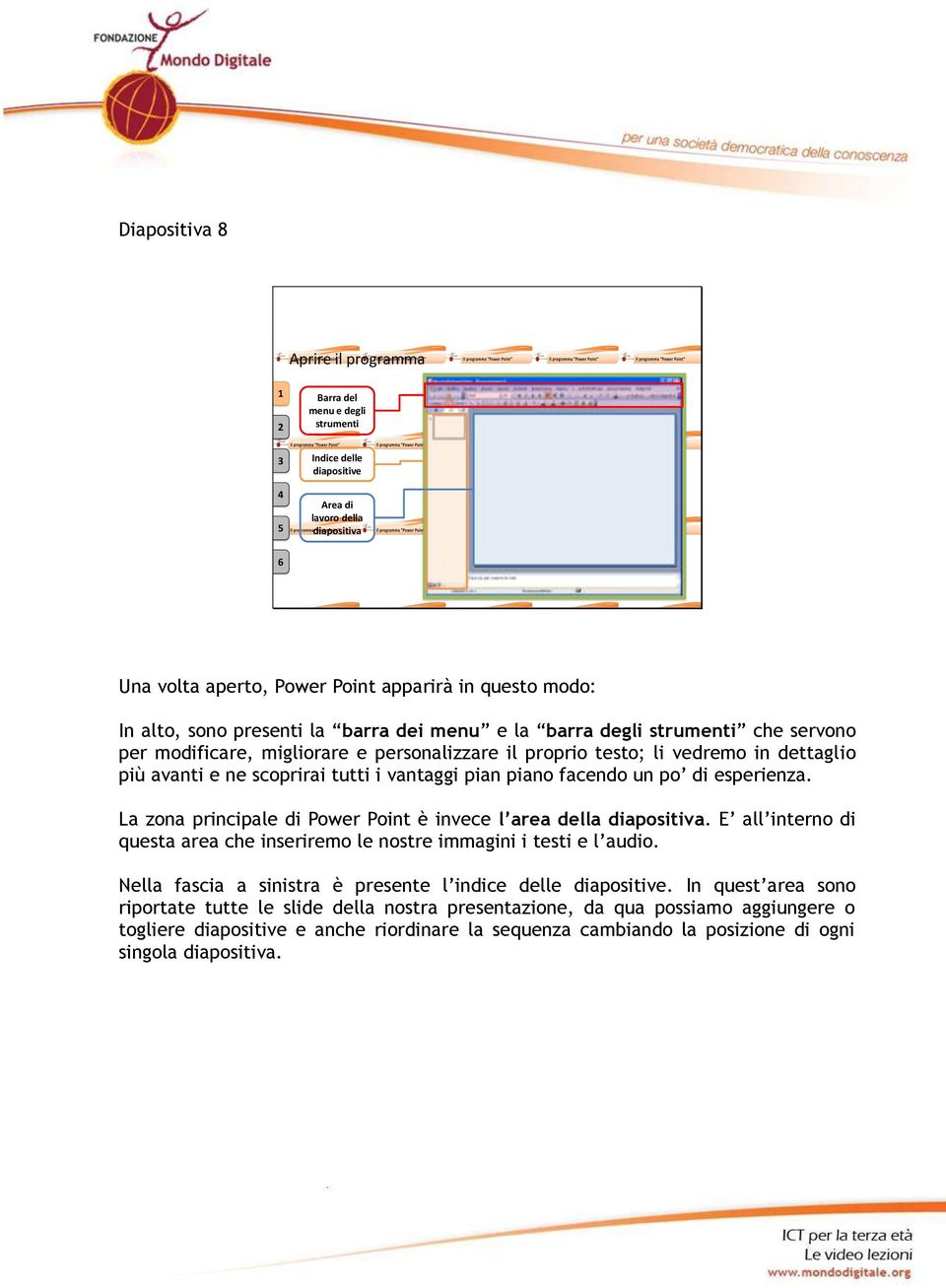 piano facendo un po di esperienza. La zona principale di Power Point è invece l area della diapositiva. E all interno di questa area che inseriremo le nostre immagini i testi e l audio.