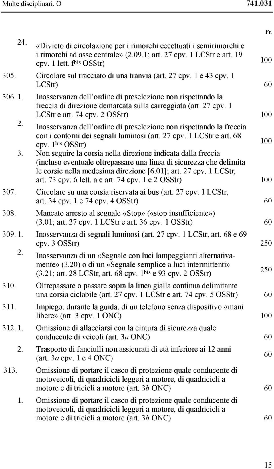 27 cpv. 1 LCStr e art. 74 cpv. 2 OSStr) 100 2. Inosservanza dell ordine di preselezione non rispettando la freccia con i contorni dei segnali luminosi (art. 27 cpv. 1 LCStr e art. 68 cpv.