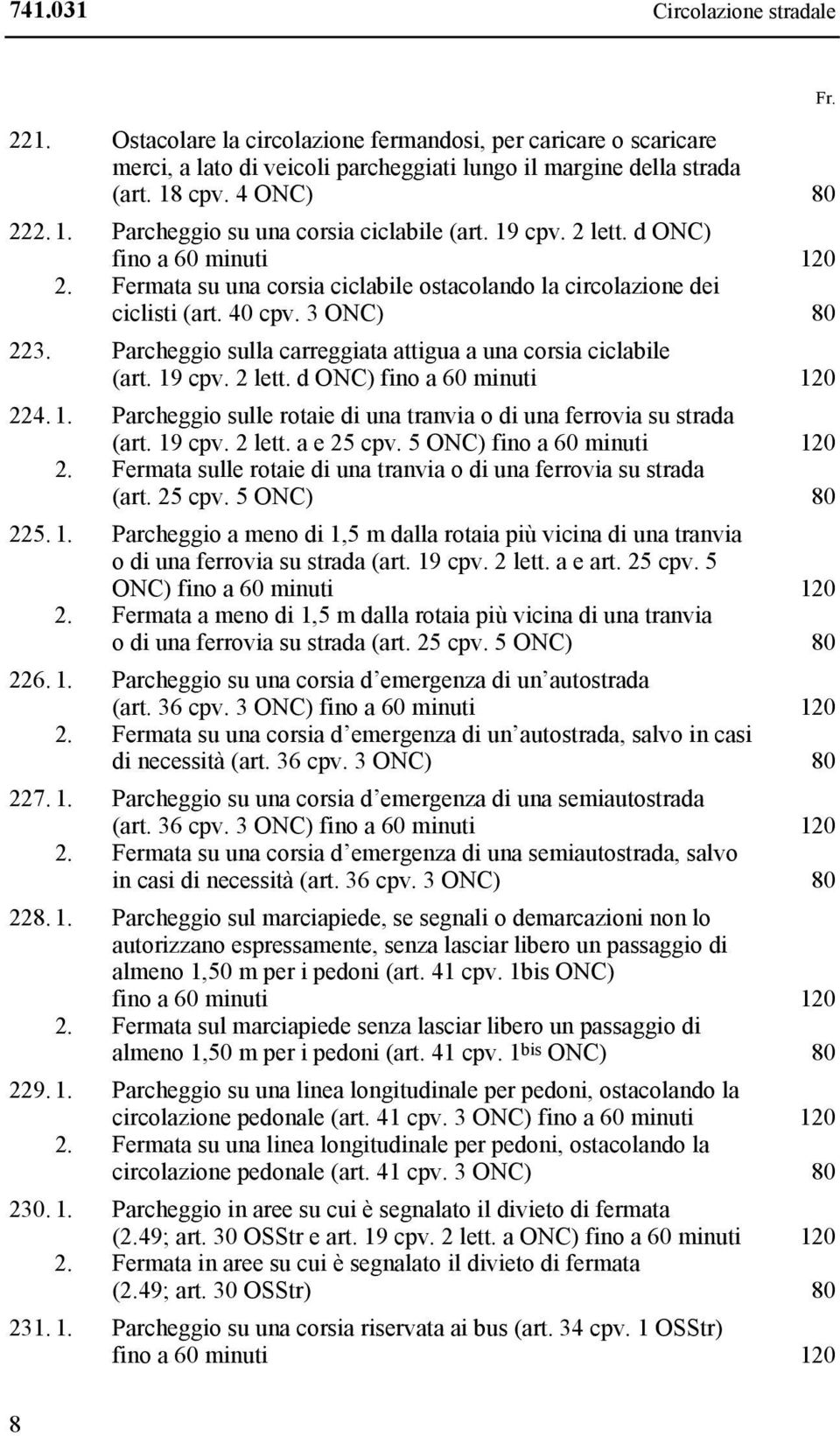 3 ONC) 80 223. Parcheggio sulla carreggiata attigua a una corsia ciclabile (art. 19 cpv. 2 lett. d ONC) fino a 60 minuti 120 224. 1. Parcheggio sulle rotaie di una tranvia o di una ferrovia su strada (art.