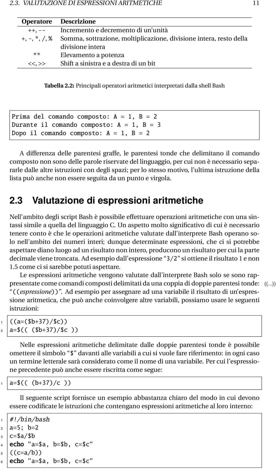 2: Principali operatori aritmetici interpretati dalla shell Bash Prima del comando composto: A = 1, B = 2 Durante il comando composto: A = 1, B = 3 Dopo il comando composto: A = 1, B = 2 A differenza