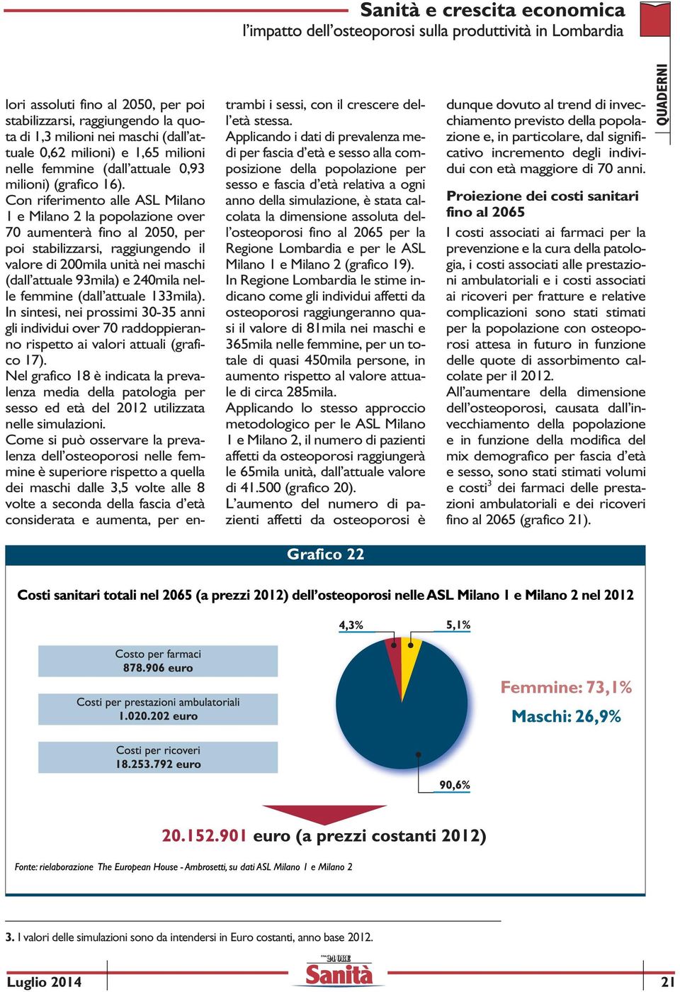 nelle femmine (dall attuale 133mila). In sintesi, nei prossimi 30-35 anni gli individui over 70 raddoppieranno rispetto ai valori attuali (grafico 17).