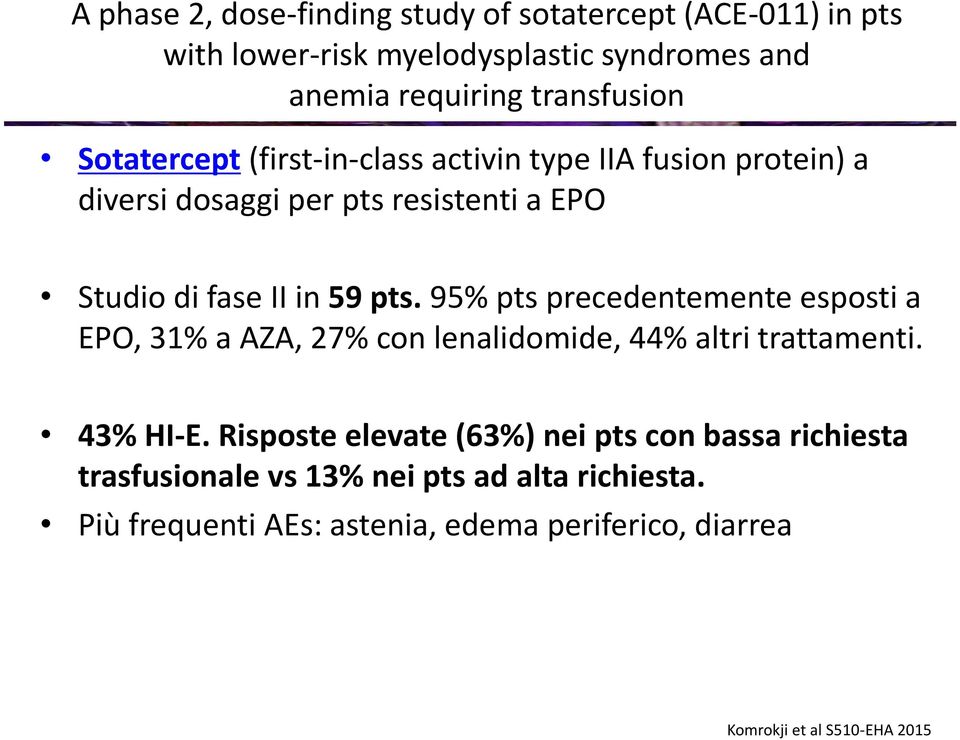95% pts precedentemente esposti a EPO, 31% a AZA, 27% con lenalidomide, 44% altri trattamenti. 43% HI-E.