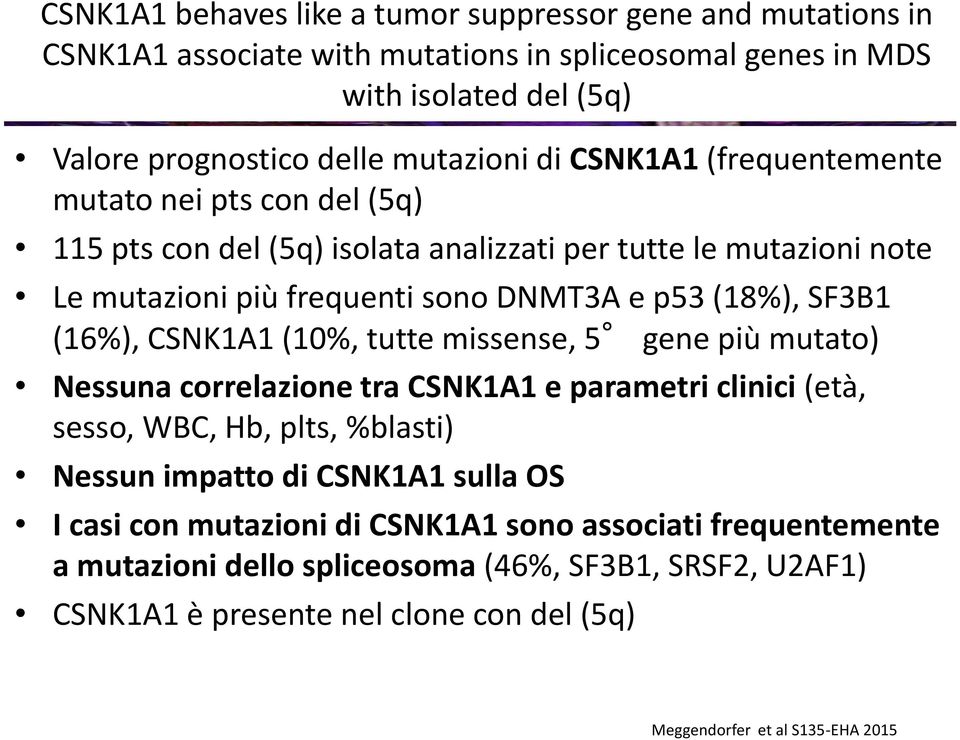 CSNK1A1 (10%, tutte missense, 5 gene più mutato) Nessuna correlazione tra CSNK1A1 e parametri clinici (età, sesso, WBC, Hb, plts, %blasti) Nessun impatto di CSNK1A1 sulla OS I casi con