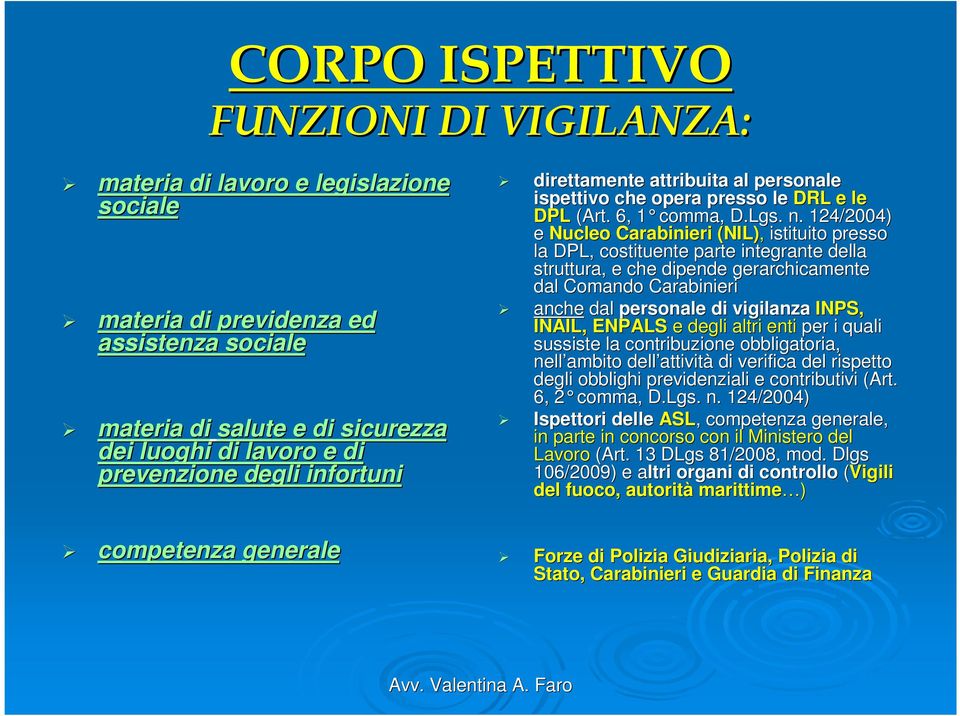 124/2004) e Nucleo Carabinieri (NIL), istituito presso la DPL, costituente parte integrante della struttura, e che dipende gerarchicamente dal Comando Carabinieri anche dal personale di vigilanza