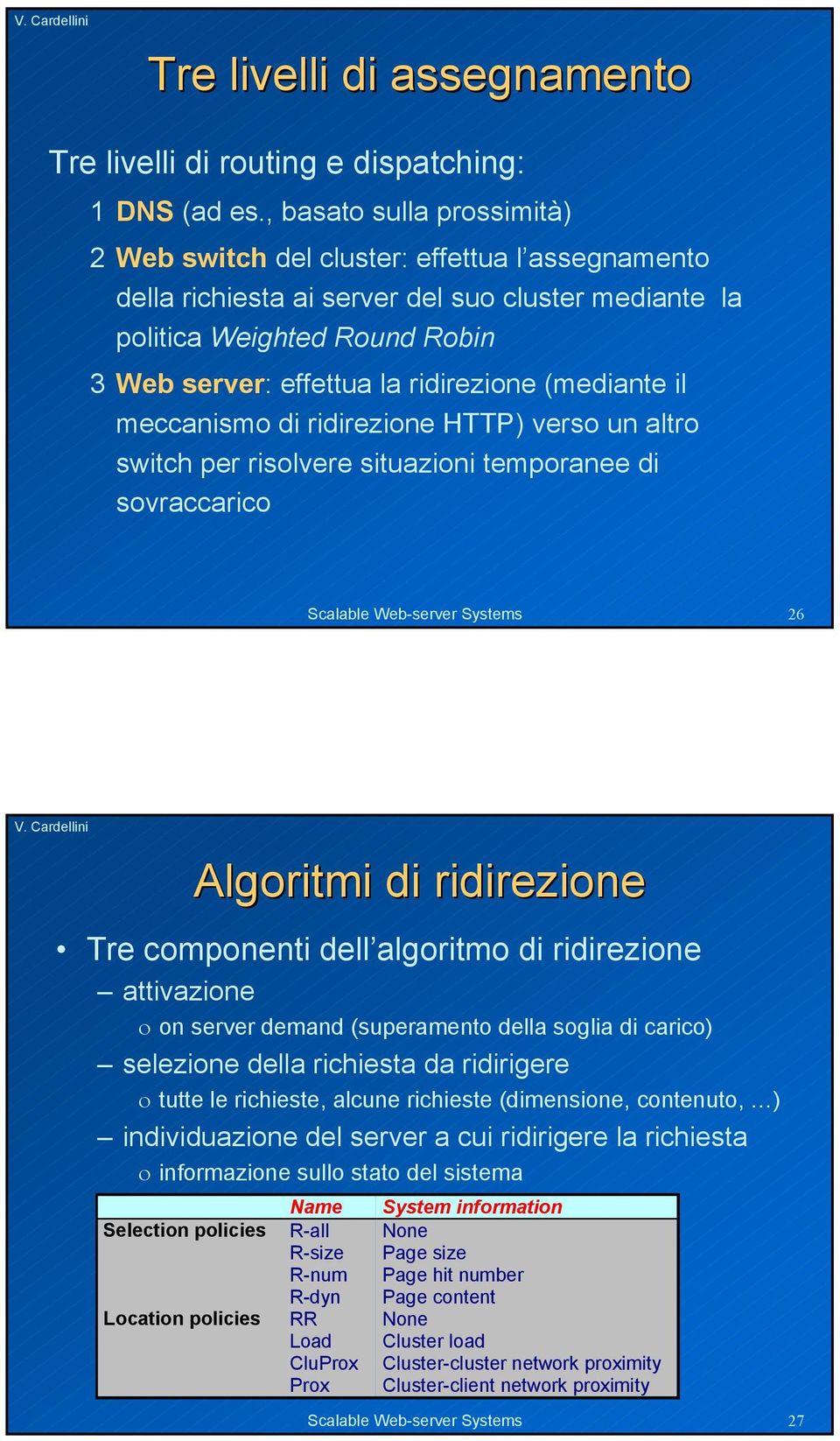 (mediante il meccanismo di ridirezione HTTP) verso un altro switch per risolvere situazioni temporanee di sovraccarico Scalable Web-server Systems 26 Algoritmi di ridirezione Tre componenti dell