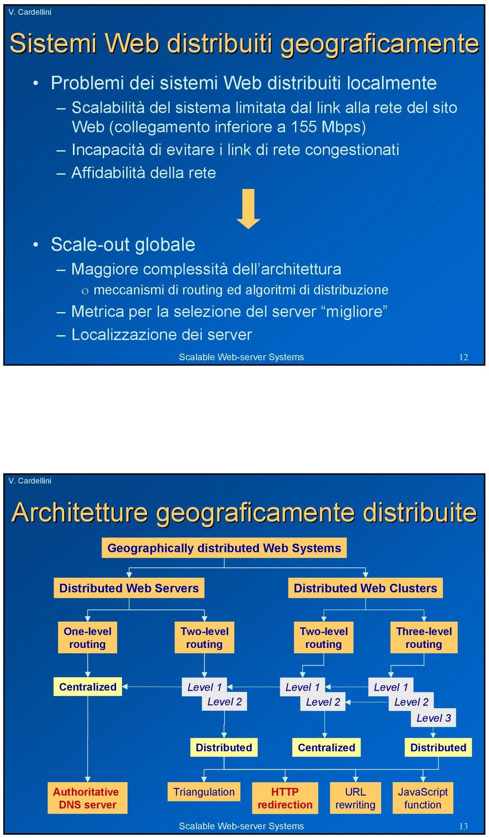 del server migliore Localizzazione dei server Scalable Web-server Systems 12 Architetture geograficamente distribuite Geographically distributed Web Systems Distributed Web Servers Distributed Web