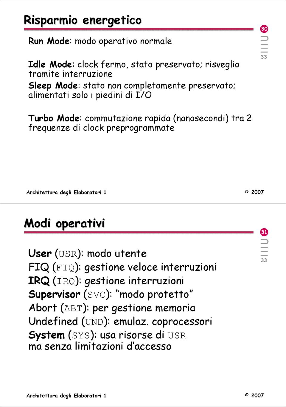 preprogrammate Modi operativi 31 User (USR): modo utente FIQ (FIQ): gestione veloce interruzioni IRQ (IRQ): gestione interruzioni Supervisor