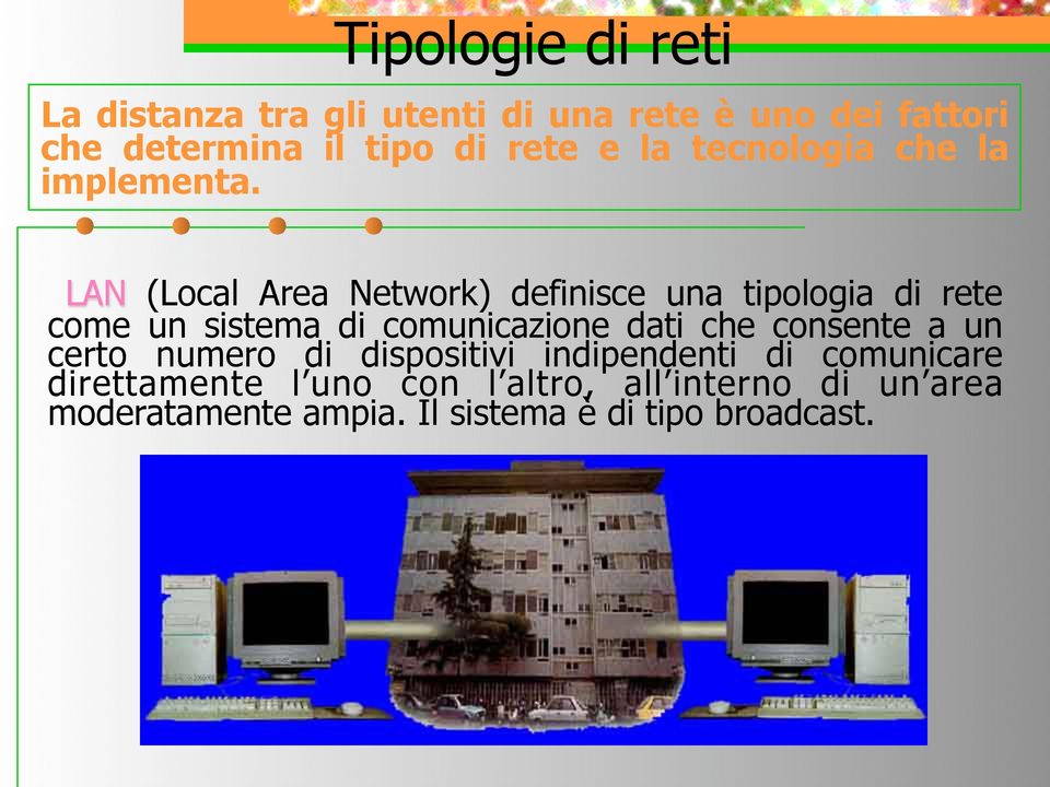LAN (Local Area Network) definisce una tipologia di rete come un sistema di comunicazione dati che
