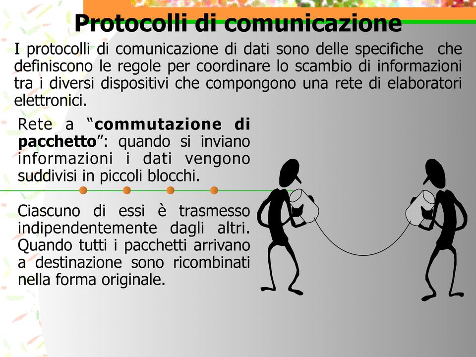 Rete a commutazione di pacchetto : quando si inviano informazioni i dati vengono suddivisi in piccoli blocchi.