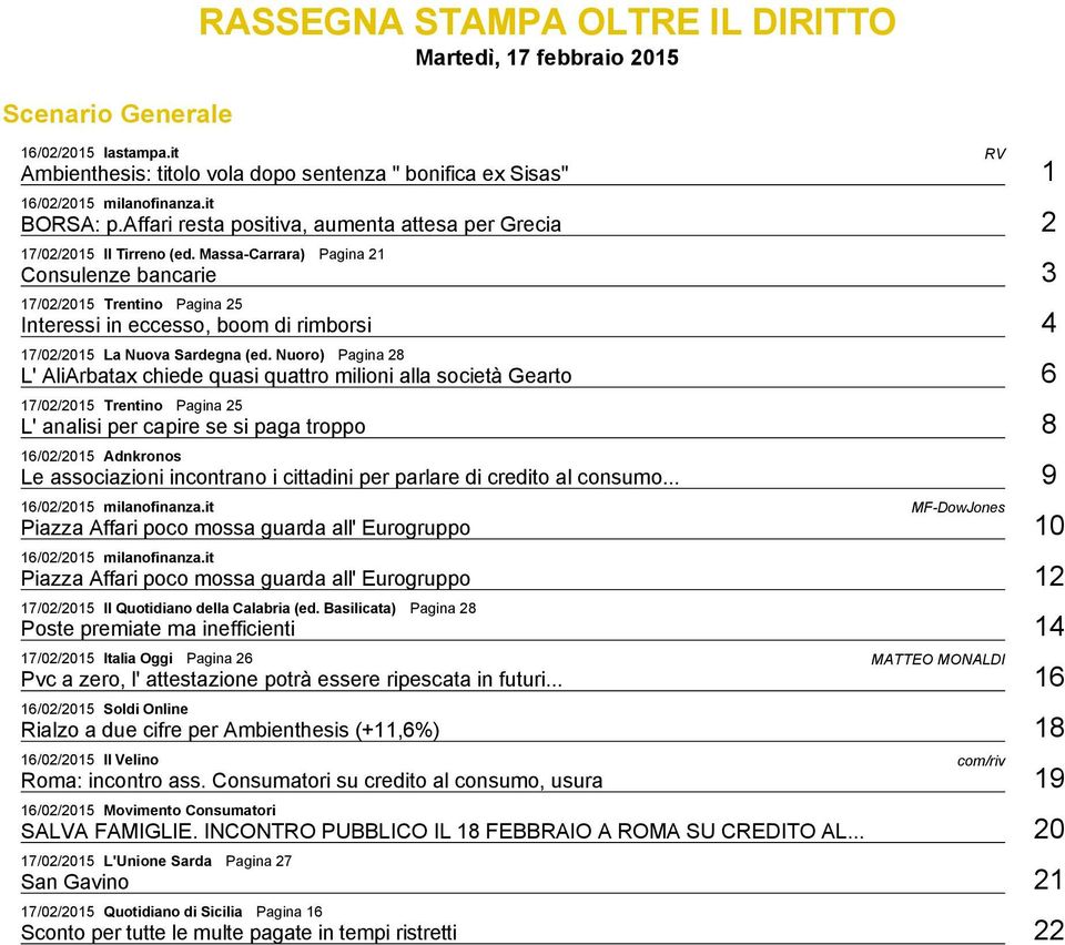 Massa Carrara) Pagina 21 Consulenze bancarie 3 17/02/2015 Trentino Pagina 25 Interessi in eccesso, boom di rimborsi 4 17/02/2015 La Nuova Sardegna (ed.