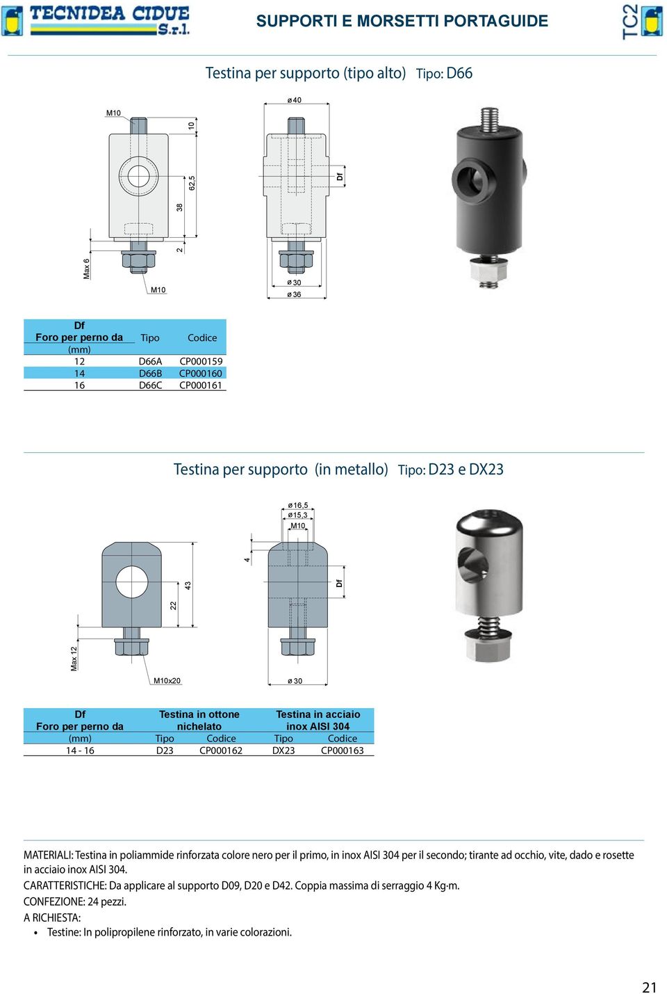 Tipo Codice 14-16 D23 CP000162 DX23 CP000163 MTERILI: Testina in poliammide rinforzata colore nero per il primo, in inox ISI 4 per il secondo; tirante ad occhio, vite, dado e