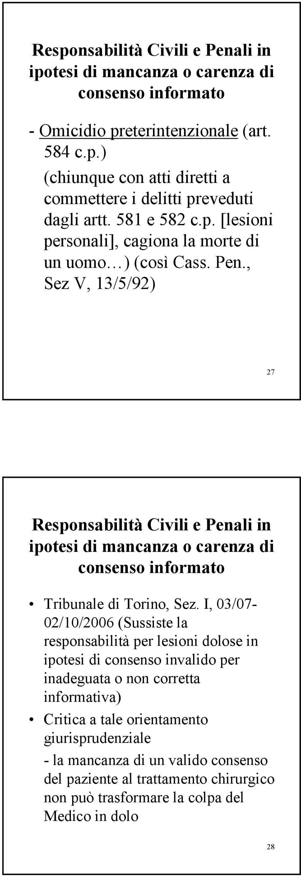 , Sez V, 13/5/92) 27 Responsabilità Civili e Penali in ipotesi di mancanza o carenza di consenso informato Tribunale di Torino, Sez.