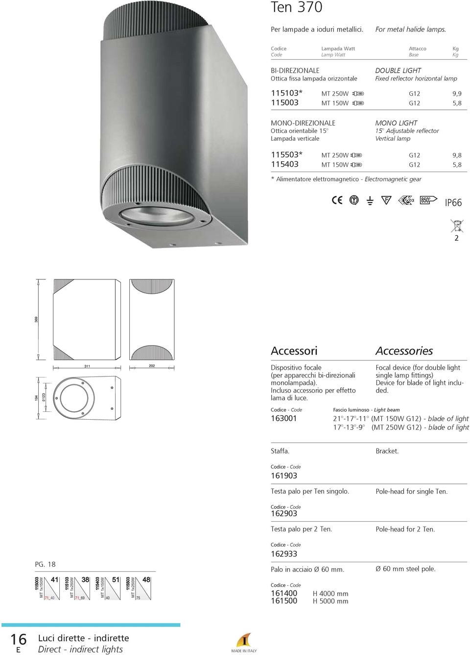 MONO-DIRZIONAL Ottica orientabile 15 Lampada verticale MONO LIGHT 15 Adjustable reflector Vertical lamp 115503* MT 250W G12 9,8 115403 MT 150W G12 5,8 * Alimentatore elettromagnetico - lectromagnetic