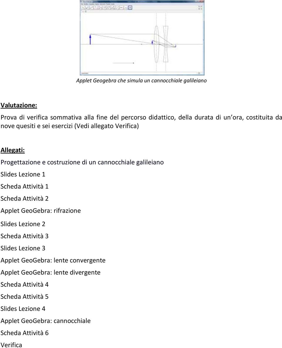 Lezione 1 Scheda Attività 1 Scheda Attività 2 Applet GeoGebra: rifrazione Slides Lezione 2 Scheda Attività 3 Slides Lezione 3 Applet GeoGebra: lente