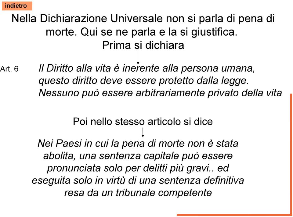 Nessuno può essere arbitrariamente privato della vita Poi nello stesso articolo si dice Nei Paesi in cui la pena di morte non è