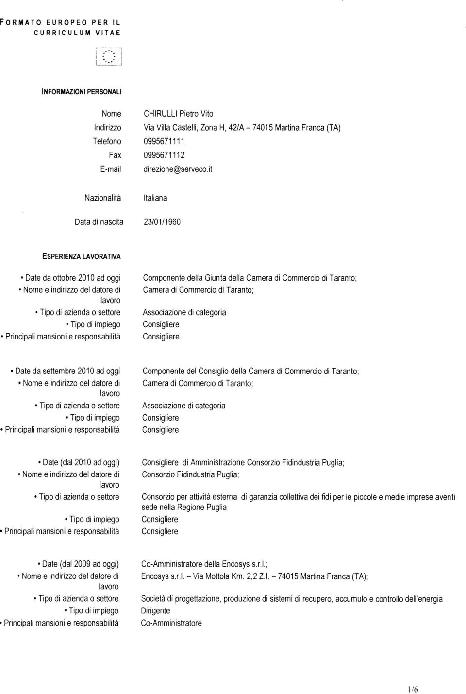 Commercio di Taranto; Camera di Commercio di Taranto; Associazione di categoria Date da settembre 2010 ad oggi Principali mansioni e responsabilità Componente del Consiglio della Camera di Commercio