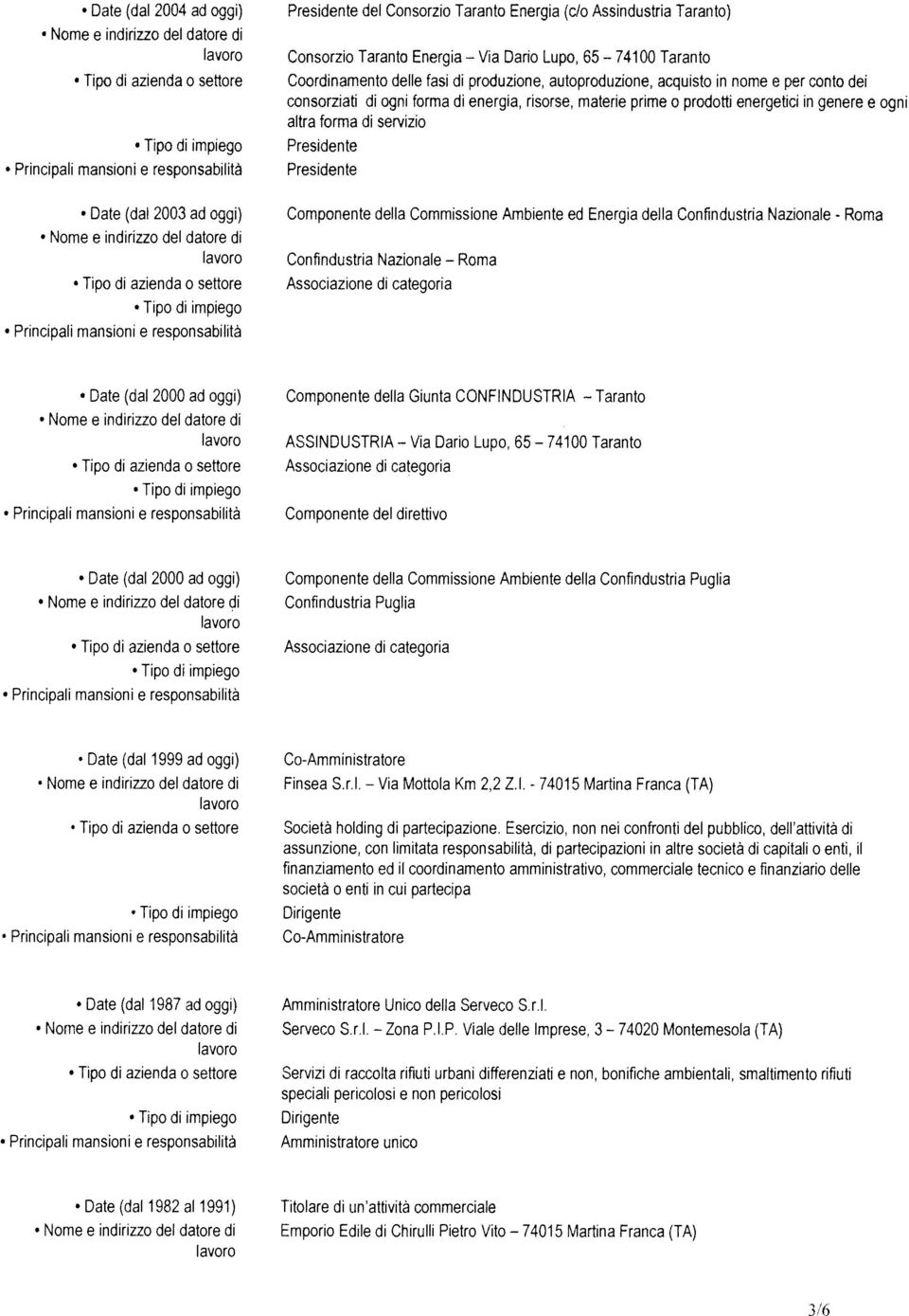 risorse, materie prime o prodotti energetici in genere e ogni altra forma di servizio Princ pali mansoni e resronsabilitd * Date dat 2003 ad nail Componente delta Commissione Ambiente ed Energia