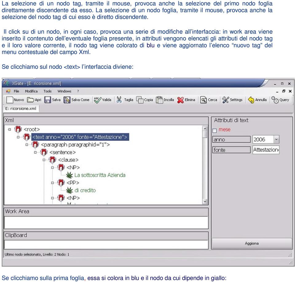 Il click su di un nodo, in ogni caso, provoca una serie di modifiche all interfaccia: in work area viene inserito il contenuto dell eventuale foglia presente, in attributi vengono