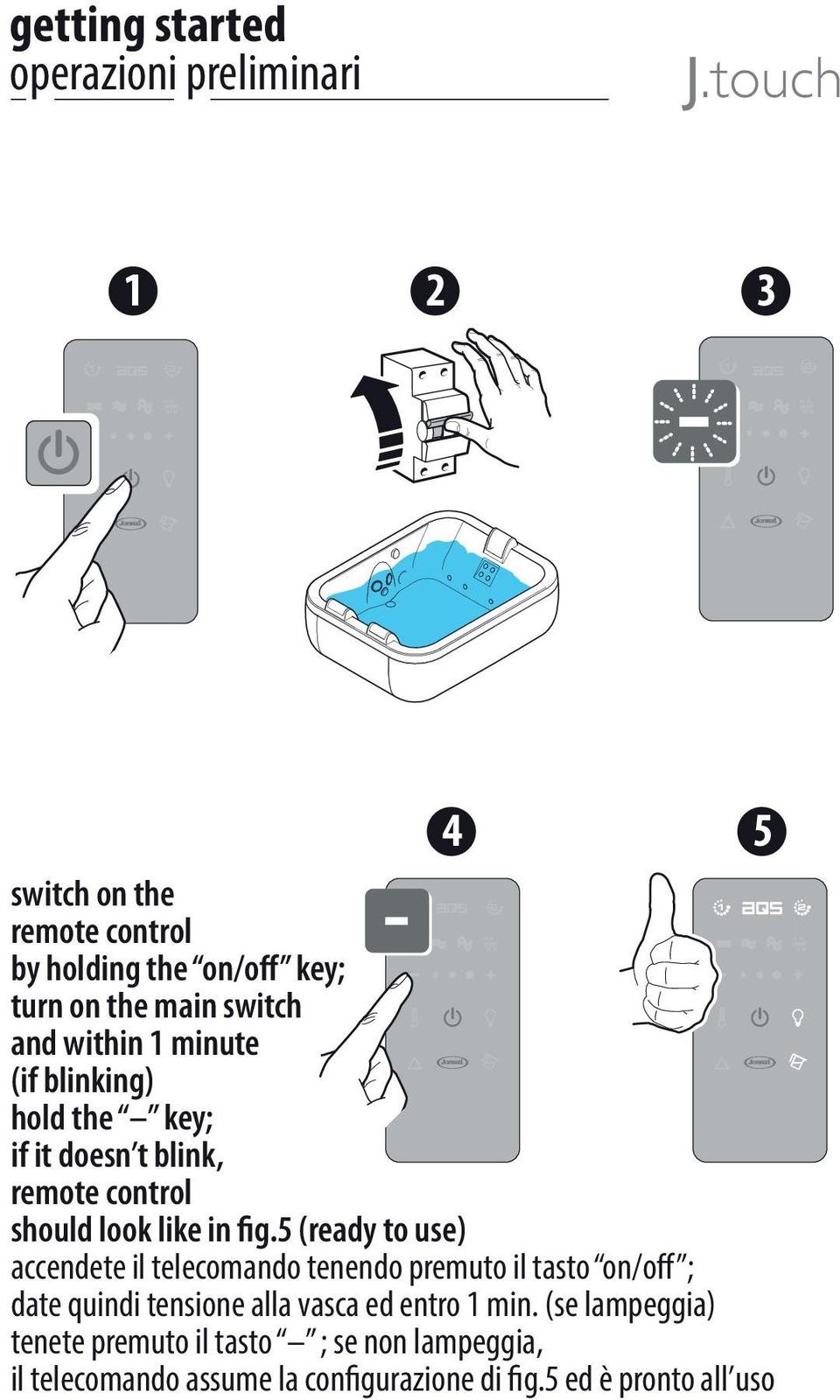 5 (ready to use) accendete il telecomando tenendo premuto il tasto on/off ; date quindi tensione alla vasca ed entro 1