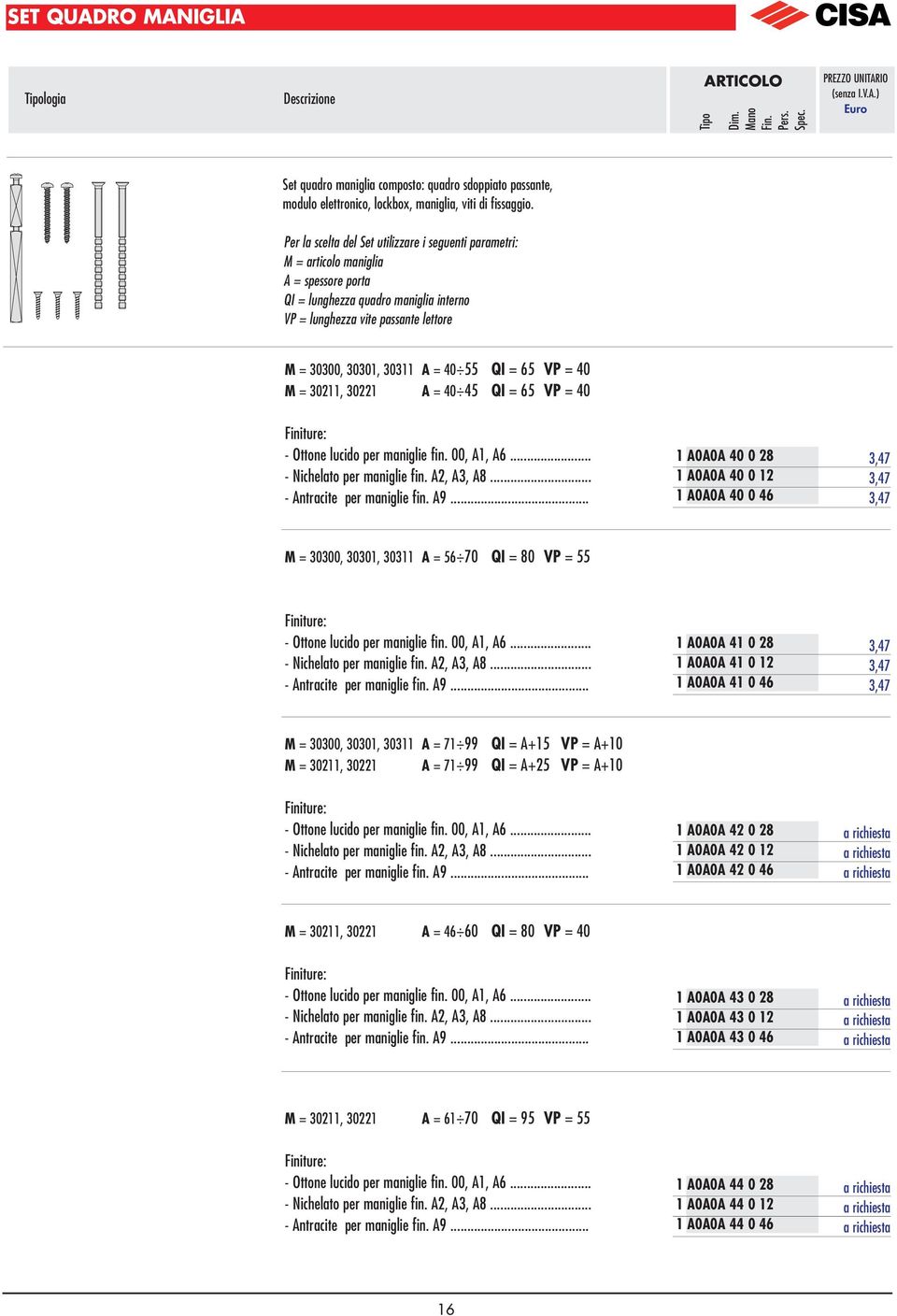 55 QI = 65 VP = 40 M = 30, 30 A = 40 45 QI = 65 VP = 40 Finiture: - Ottone lucido per maniglie fin. 00, A, A6... - Nichelato per maniglie fin. A, A3, A8... - Antracite per maniglie fin. A9.