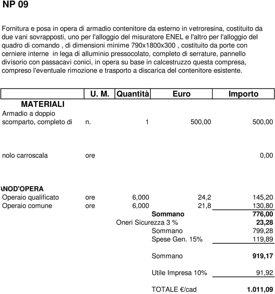 base in calcestruzzo questa compresa, compreso l'eventuale rimozione e trasporto a discarica del contenitore esistente. Armadio a doppio scomparto, completo di n.