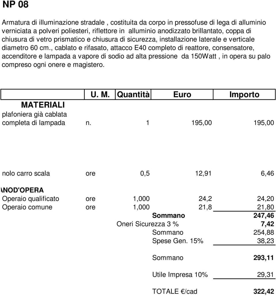 , cablato e rifasato, attacco E40 completo di reattore, consensatore, accenditore e lampada a vapore di sodio ad alta pressione da 150Watt, in opera su palo compreso ogni onere e magistero.