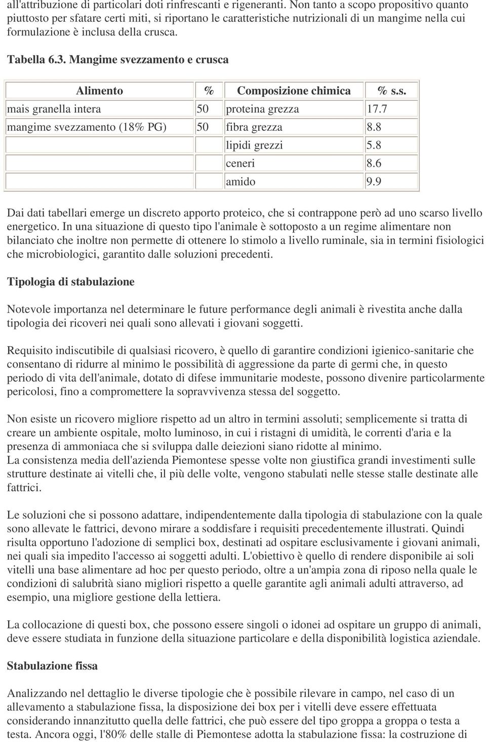 Mangime svezzamento e crusca Alimento % Composizione chimica % s.s. mais granella intera 50 proteina grezza 17.7 mangime svezzamento (18% PG) 50 fibra grezza 8.8 lipidi grezzi 5.8 ceneri 8.6 amido 9.