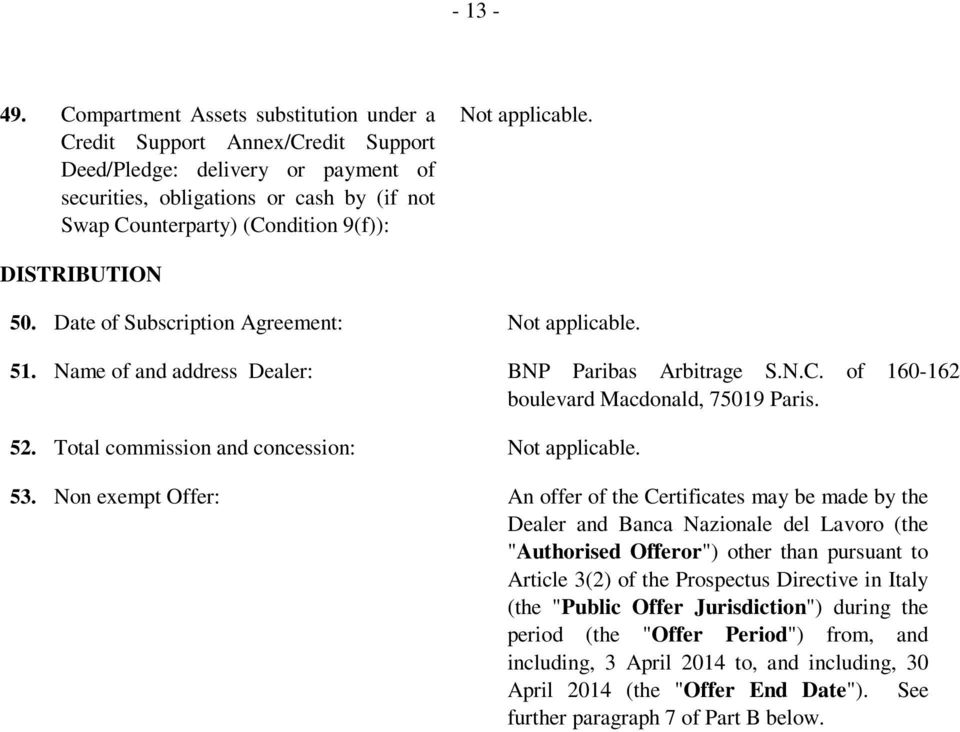 DISTRIBUTION 50. Date of Subscription Agreement: 51. Name of and address Dealer: BNP Paribas Arbitrage S.N.C. of 160-162 boulevard Macdonald, 75019 Paris. 52. Total commission and concession: 53.