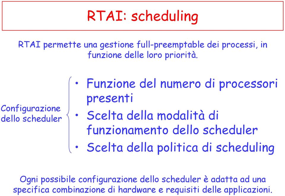 Configurazione dello scheduler Funzione del numero di processori presenti Scelta della modalità di